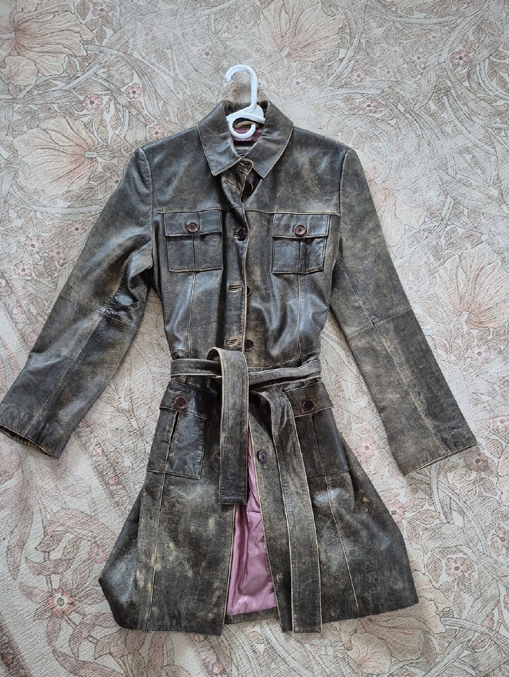 Womens Distressed Brown Leather Trench Coat with Belt